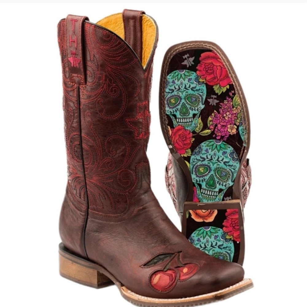 TIN HAUL "Mon Cherry" Sugar Skull red leather square toe cowgirl boots sz 8 NEW